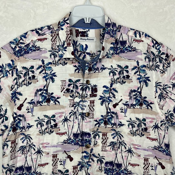 Tommy Bahama Hawaiian Shirt Mens Large Button Up Tree White Blue Aloha - Picture 3 of 11
